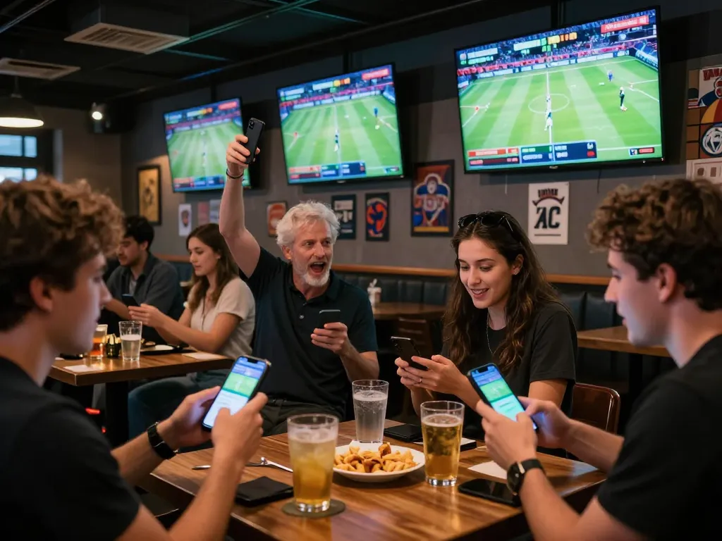 Situs toto activity featuring sports fans betting live on mobile apps in a lively bar atmosphere