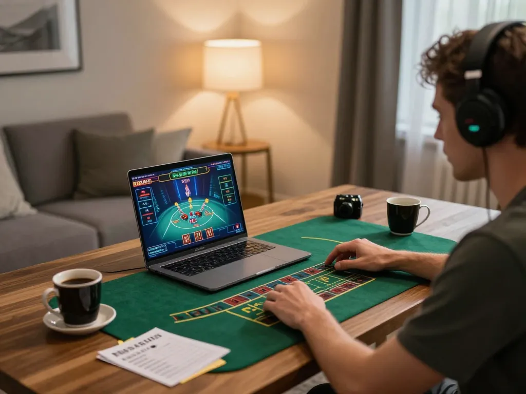 Player engaging in online casino gaming with 78winbs laptop setup, showcasing relaxed ambiance and strategic focus
