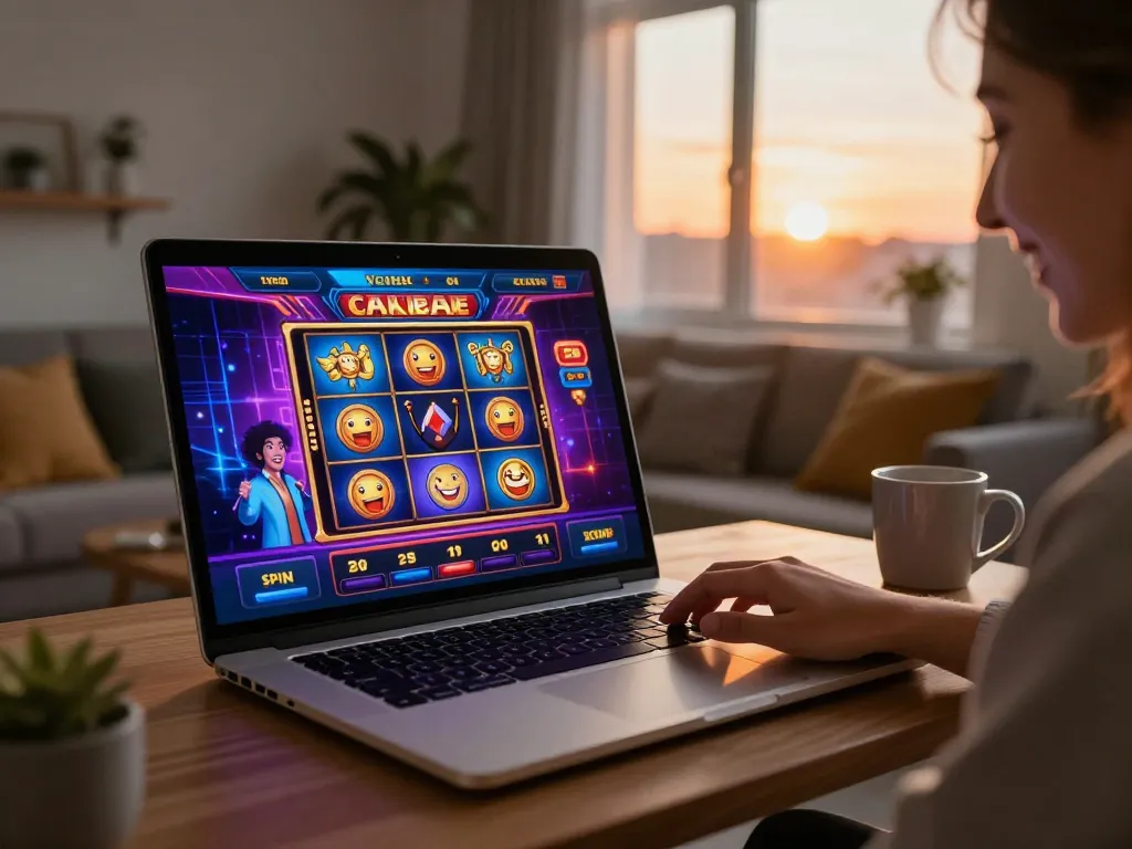 Pemain yang bersemangat terlibat dengan link slot gacor di antarmuka kasino online, grafis cerah dalam pengaturan rumah yang nyaman.