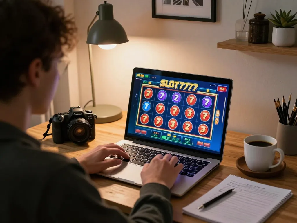 Active player engaging with Slot777 game on laptop in a cozy home environment.