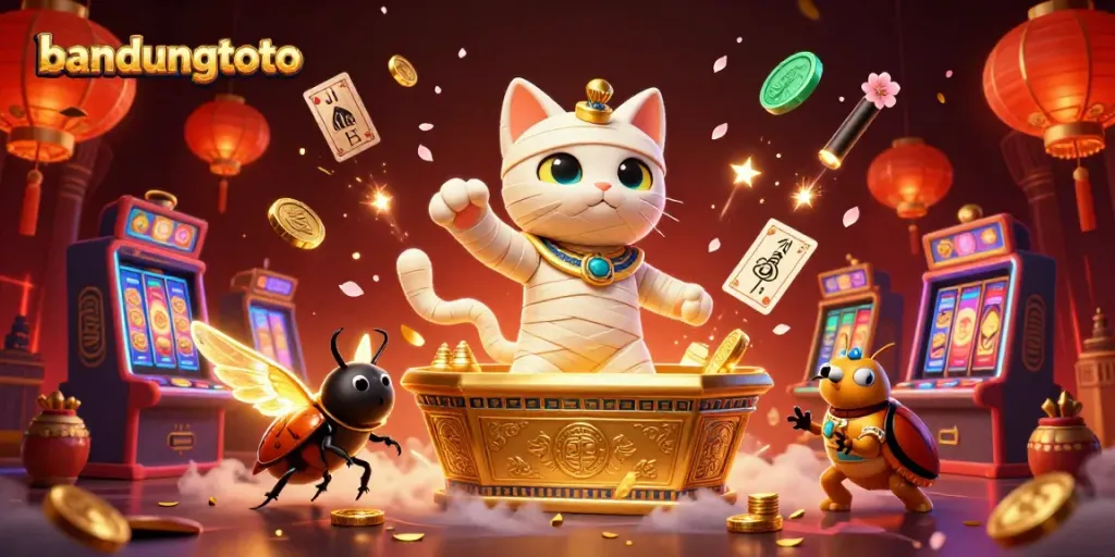 Engage with the vibrant atmosphere of bandungtoto featuring a cartoon Egyptian mummy cat and gold treasures.