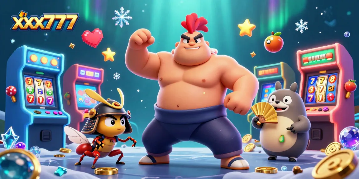 Witness action-packed gaming moments at xxx777 with vibrant slot machines, gold coins, and playful characters.