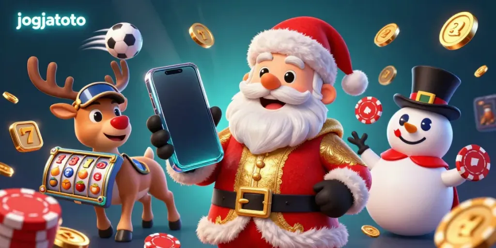Experience thrilling slots at Jogjatoto with Santa, reindeer, and a snowman in an engaging casino scene.
