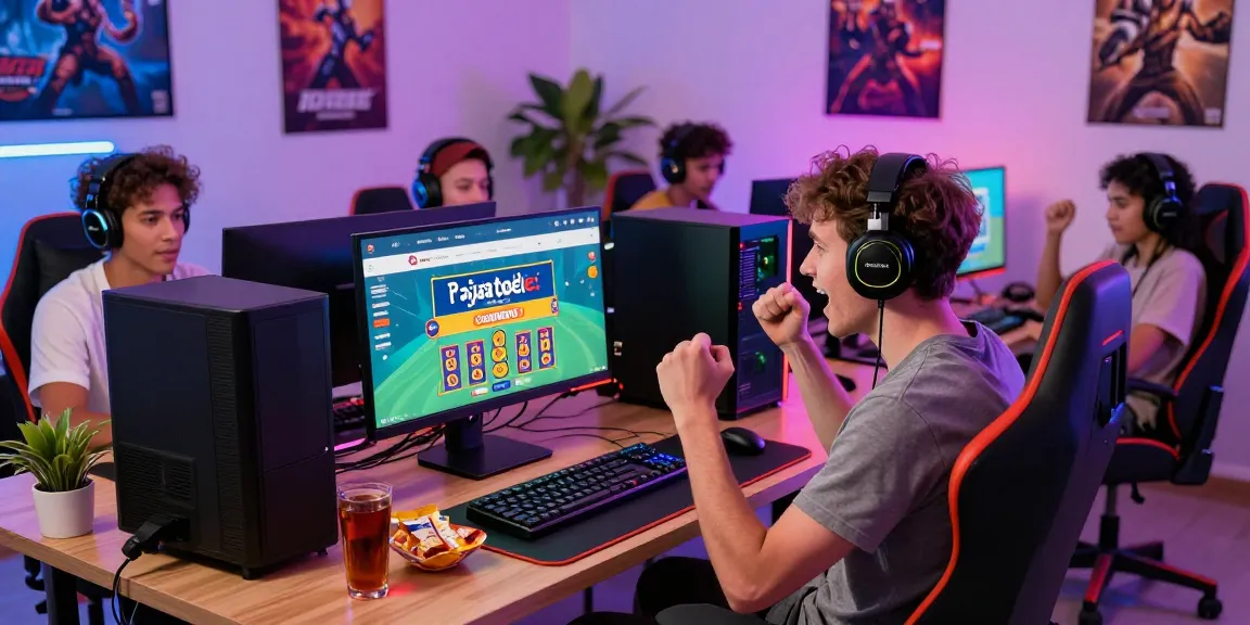 Rajatogel - Pemain lotere virtual merayakan kemenangan di ruang bermain modern dengan atmosfer ceria dan aksesori gaming.