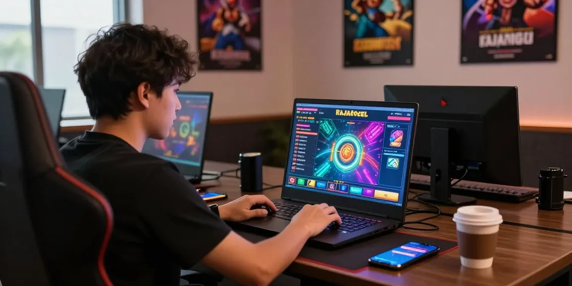 Pengguna rajatogel yang asyik bermain di laptop dengan antarmuka situs modern.