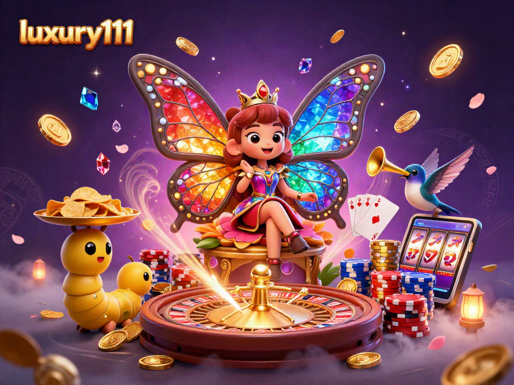 Experience luxury111 with a whimsical illustration of a butterfly queen amidst casino magic.