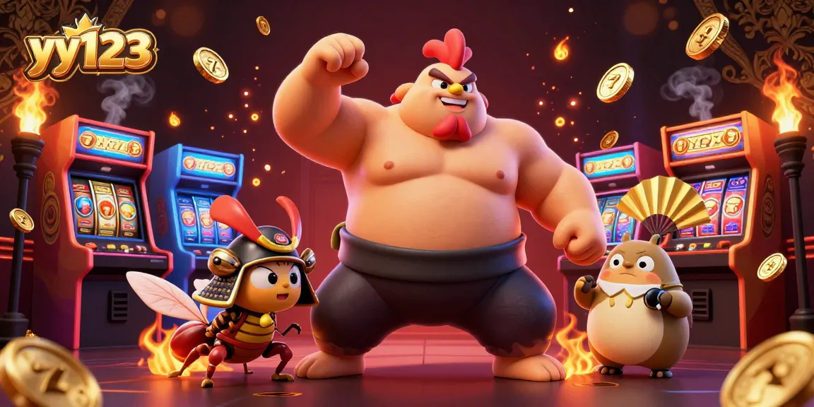 Engage with yy123's thrilling gaming experience featuring a powerful sumo rooster in a dynamic casino setting.