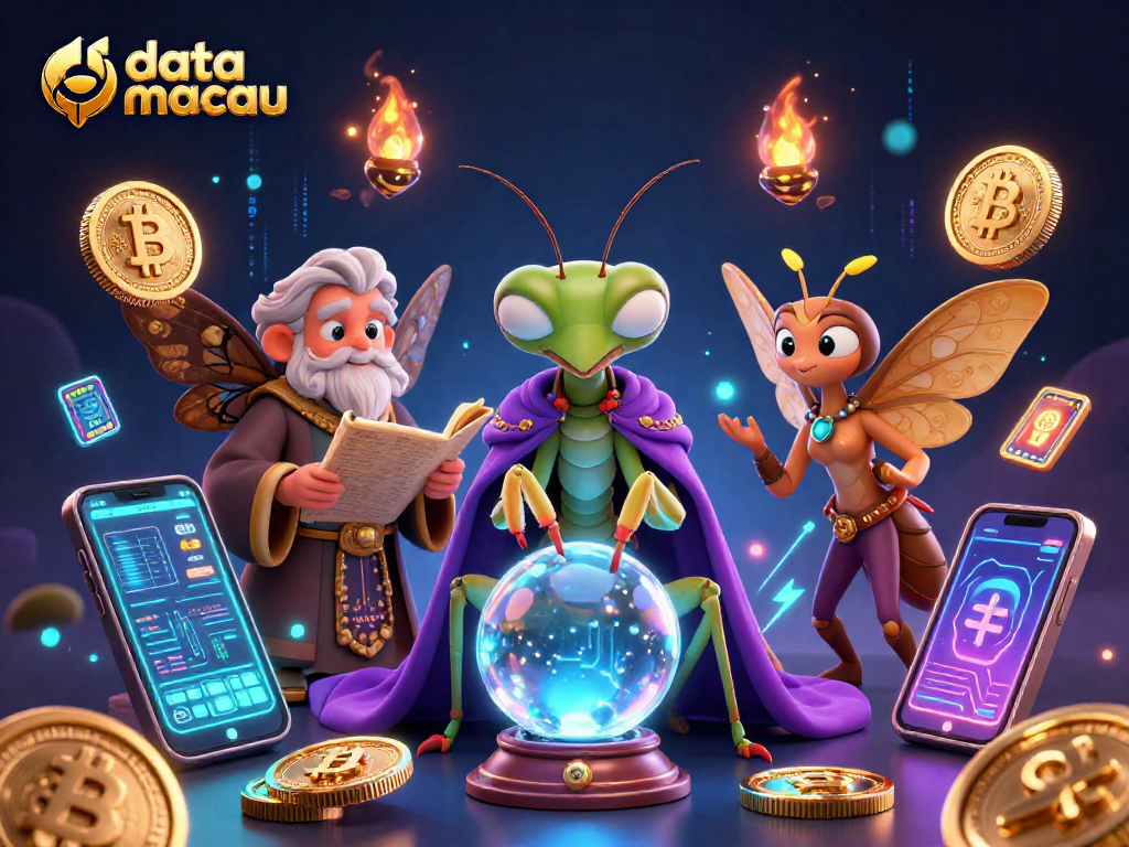 Gambaran data macau dalam suasana kasino yang dipenuhi elemen cryptocurrency digital.