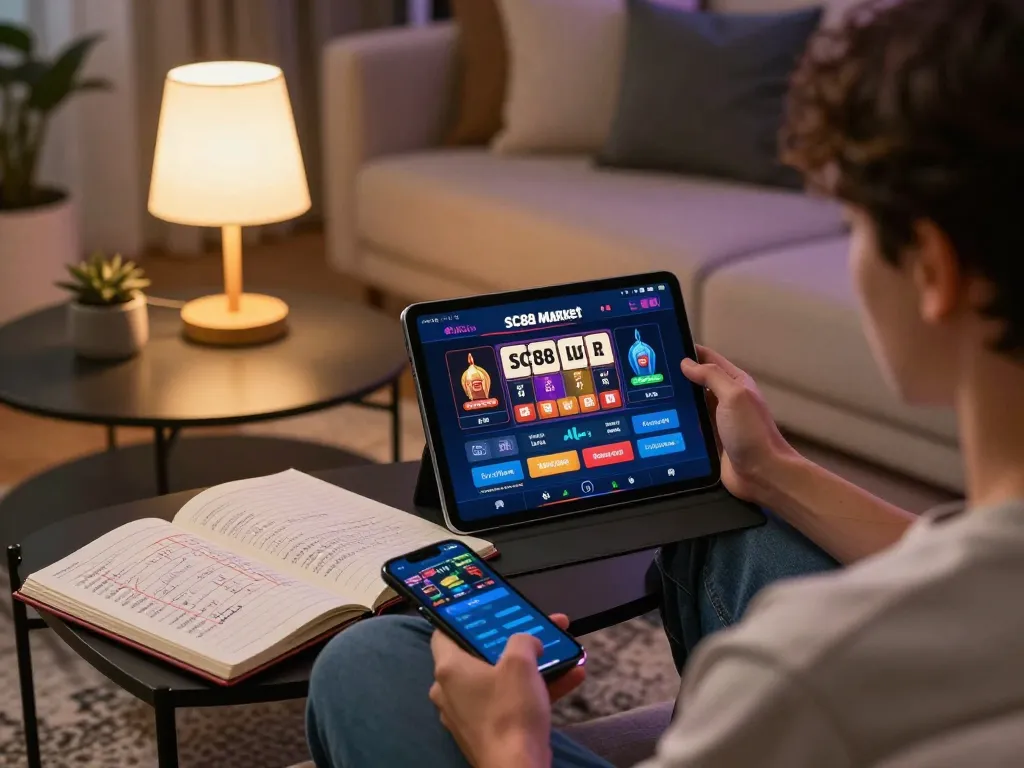 Player engaging with SC88 Market app on tablet in a cozy home gaming setup, highlighting strategic gameplay.