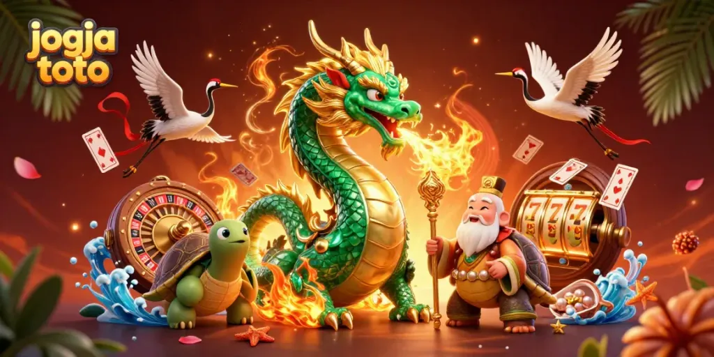 Engage in thrilling gaming with jogja toto in this vibrant 3D casino scene featuring a jade dragon, turtle sage, and lucky cranes.