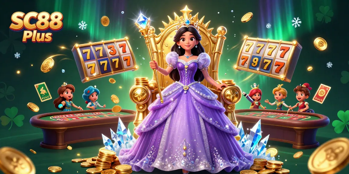 Experience the thrill of gaming at SC88 Plus with vibrant slot reels and enchanting casino elements.