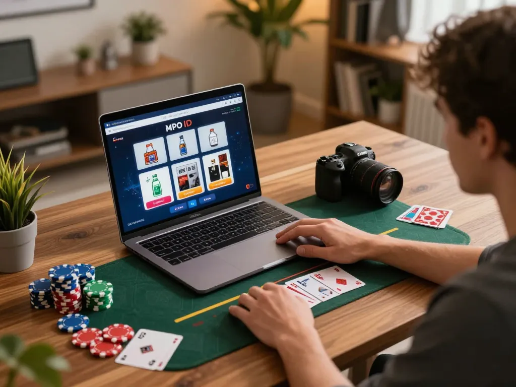 Engaging online gaming experience with MPO ID displayed on laptop, capturing strategic gameplay and cozy atmosphere