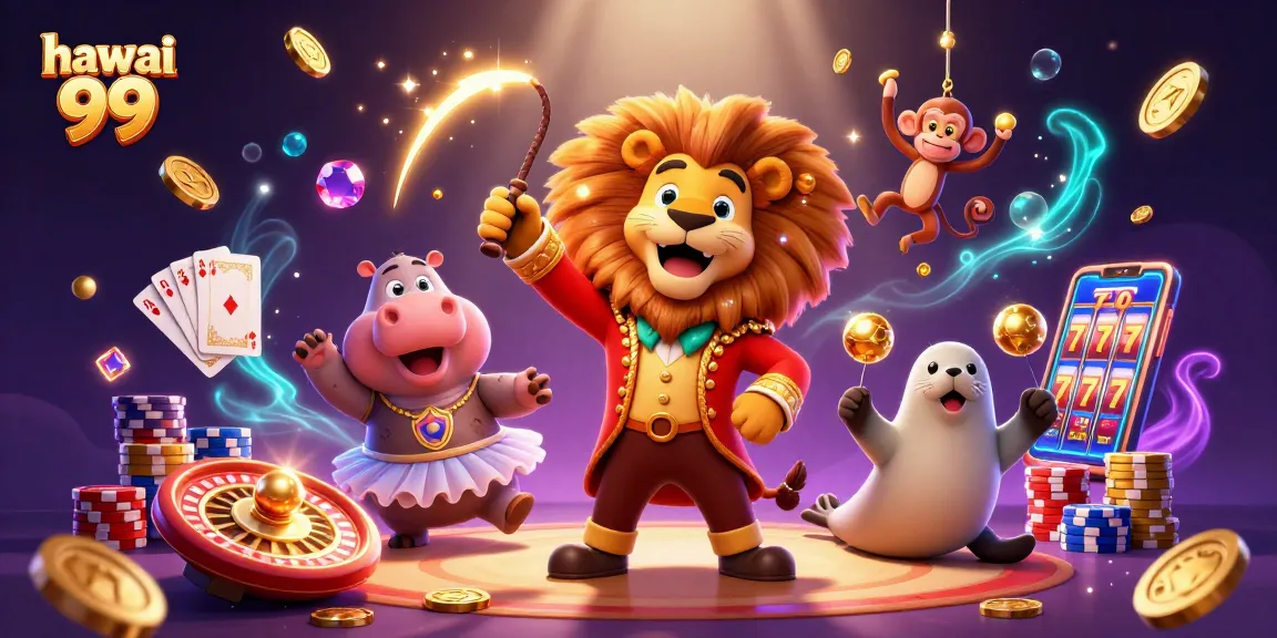 Engage with exciting slot games at hawai 99 amidst vibrant 3D casino characters and sparkling treasures.