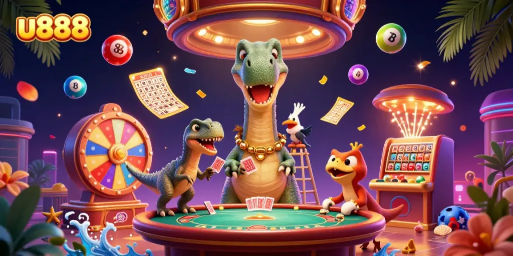 Join the excitement with u888 as a giant brontosaurus towers above a thrilling casino scene filled with vibrant games.
