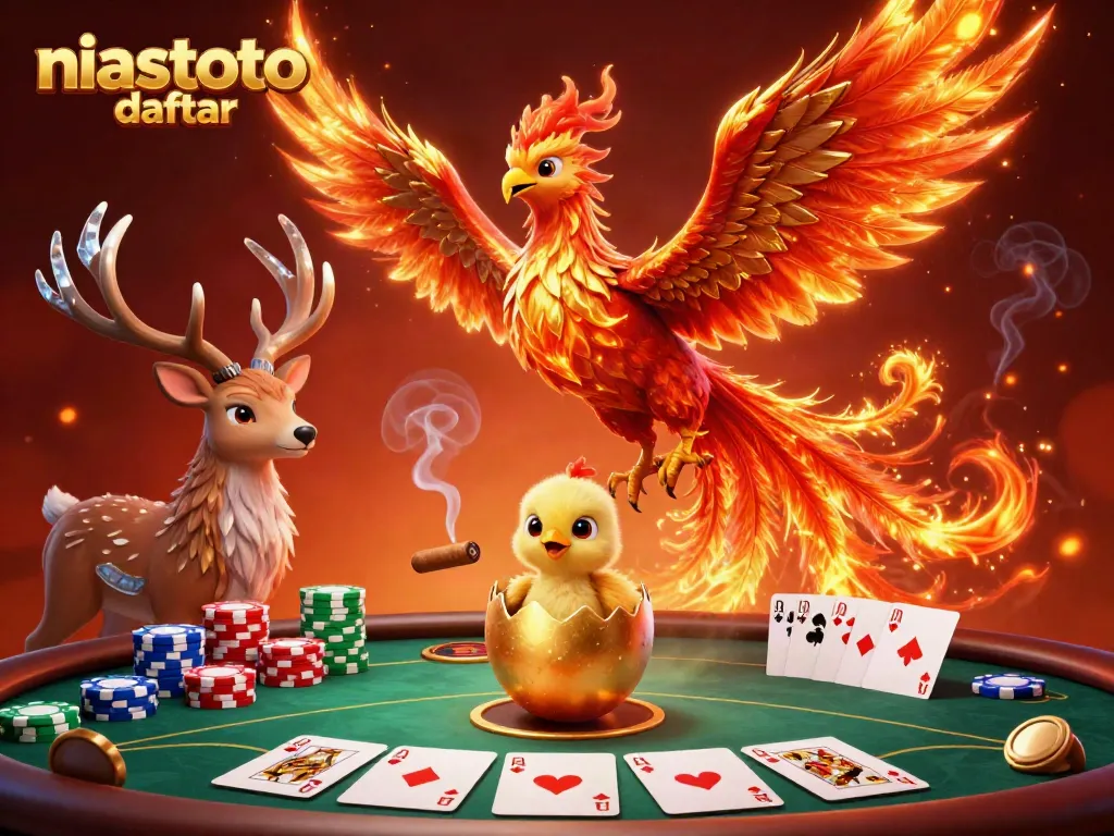 Ilustrasi 3D menarik menampilkan niastoto daftar dengan phoenix terbang dan elemen judi yang kaya.