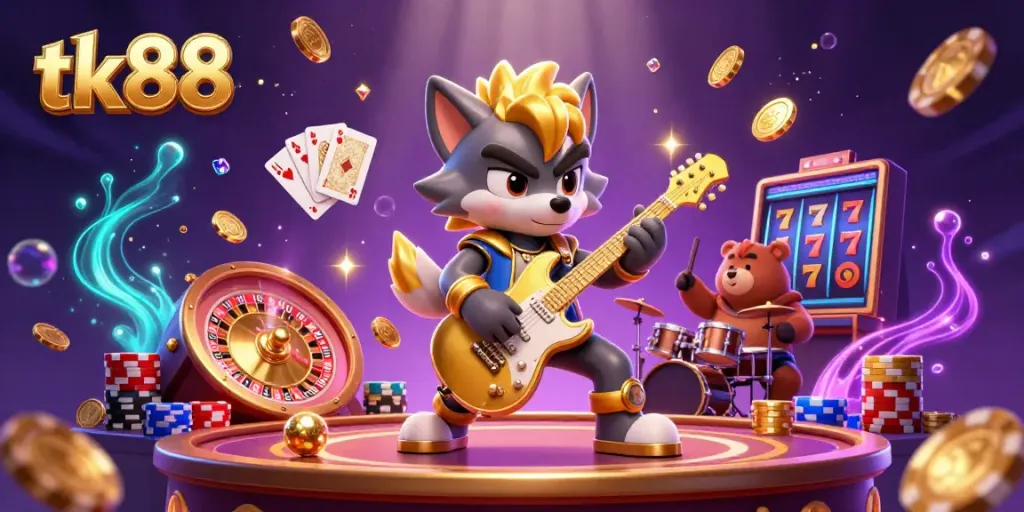 Engaging tk88 casino illustration with a rock star wolf, drummer bear, and casino elements.