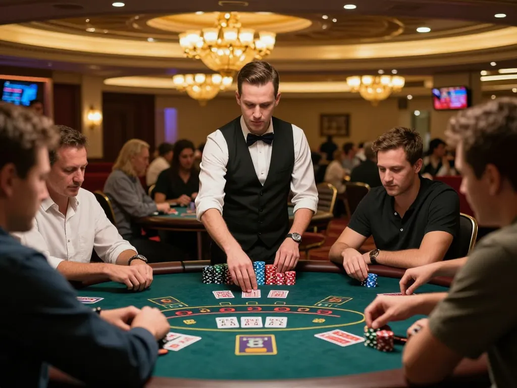Players strategizing at a blackjack table under rich lighting, revealing an exciting MPO ID game atmosphere