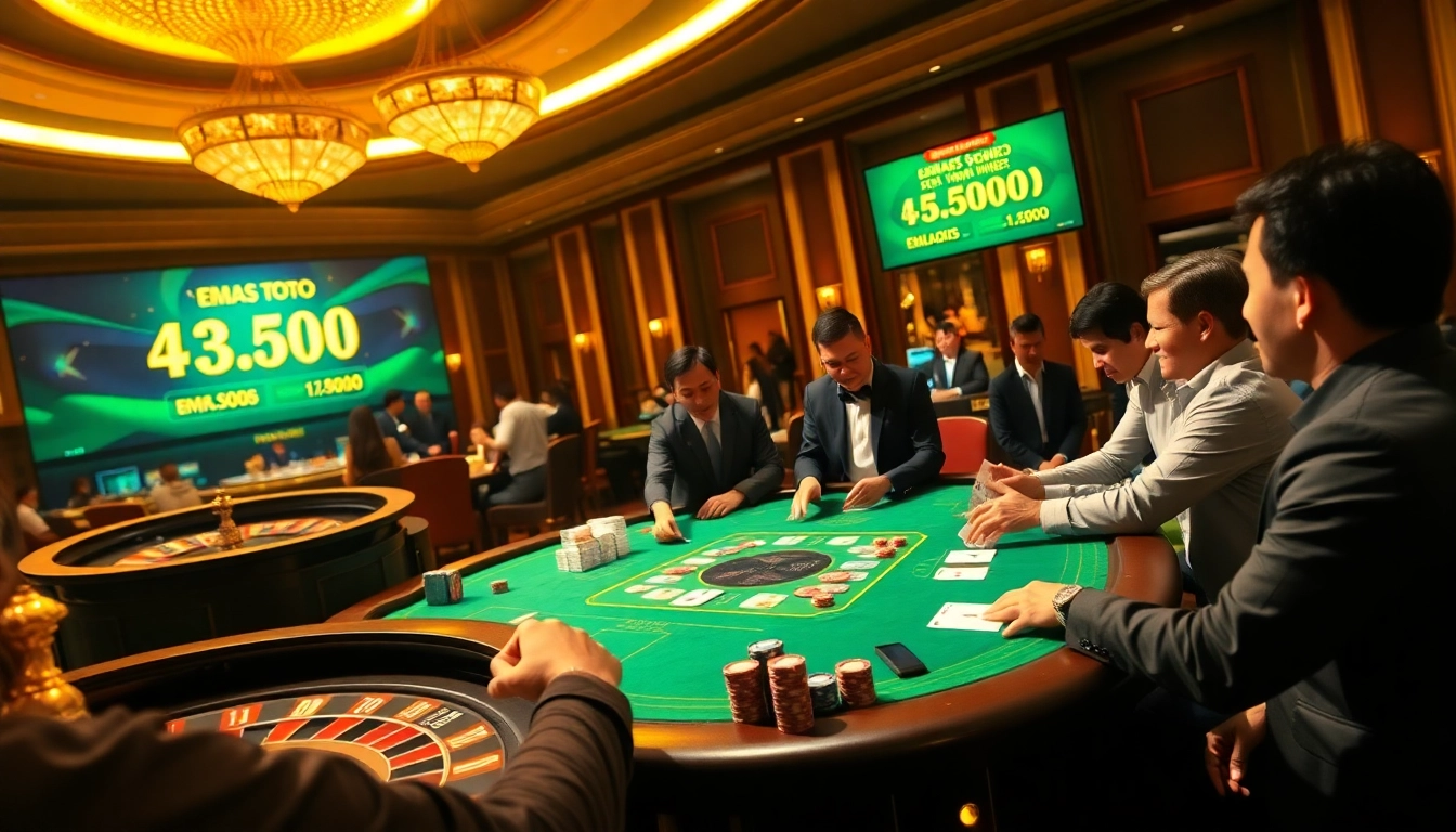 Engaging players enjoying the excitement of Emas Toto at a luxurious casino table.
