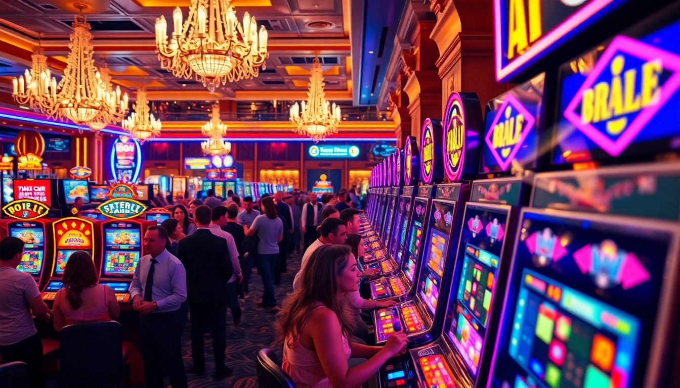 Putaran slot di kasino yang ramai dengan mesin warna-warni dan pengunjung antusias.