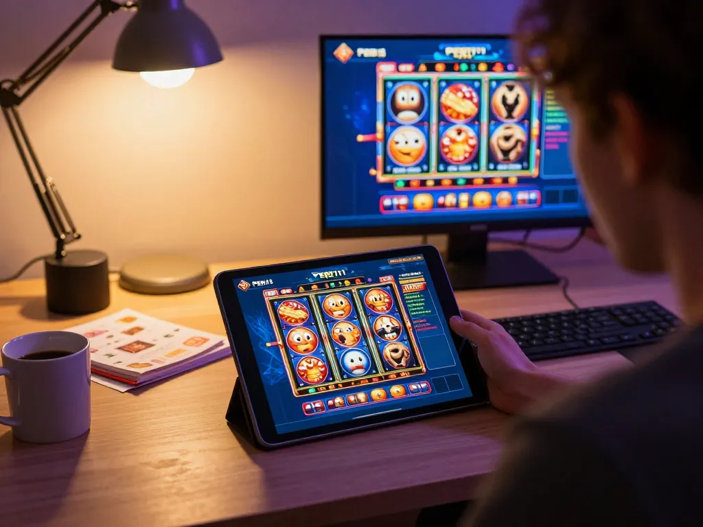 Player enjoying an engaging PERI11 game online on a tablet in cozy home office setup
