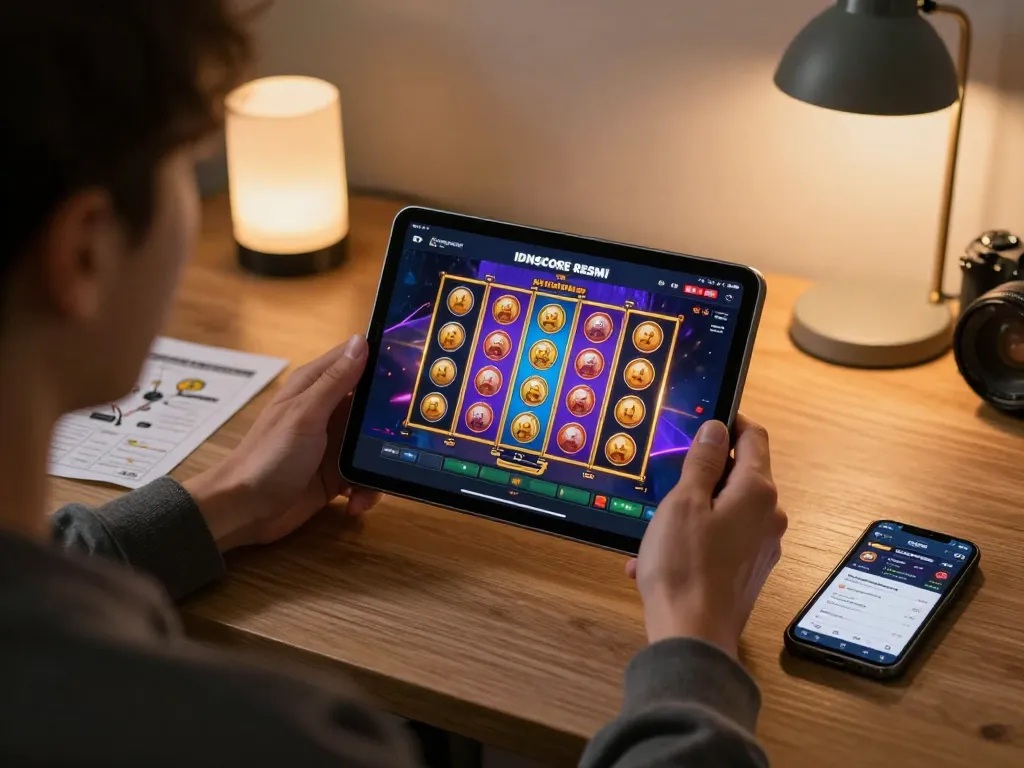 IDNSCORE RESMI player engaging with a vibrant slot game interface on a tablet for responsible online gaming.