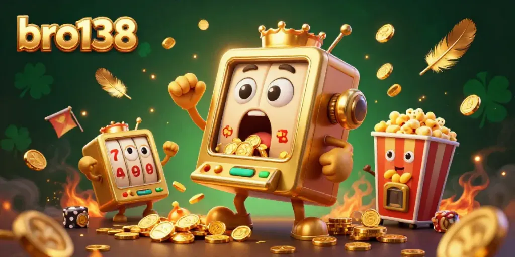 Bro138's golden slot machine hitting a jackpot while coins spill out, surrounded by cheering baby slots.