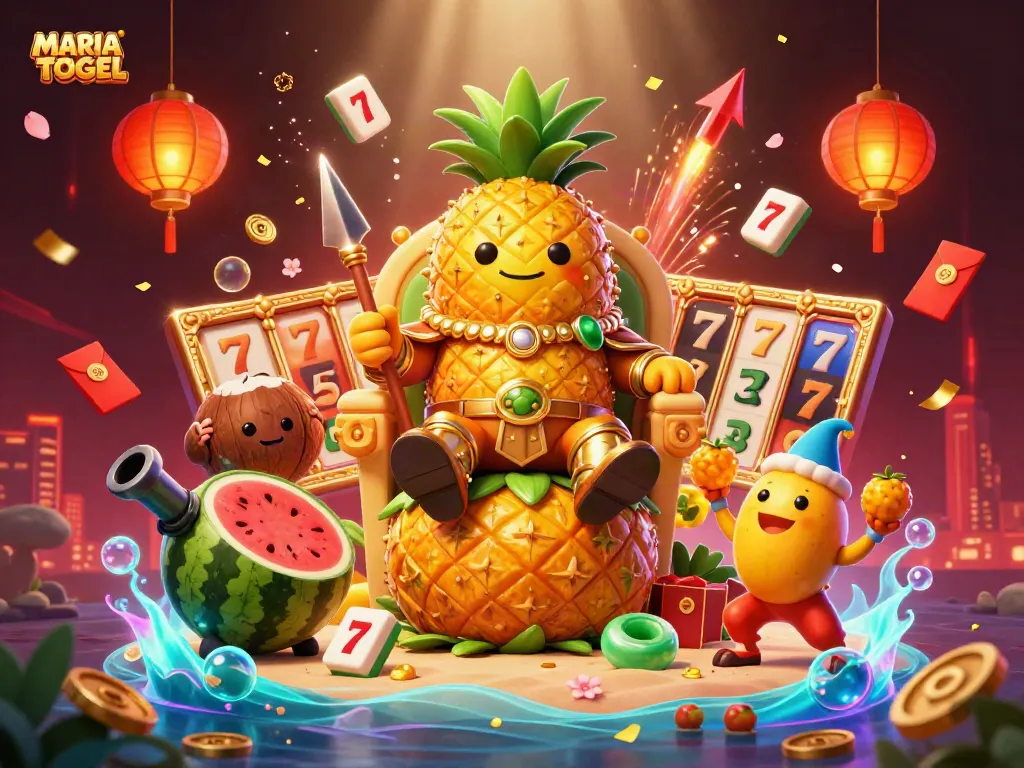MARIATOGEL illustrates a vibrant beach casino with a pineapple king, bodyguards, and colorful elements.