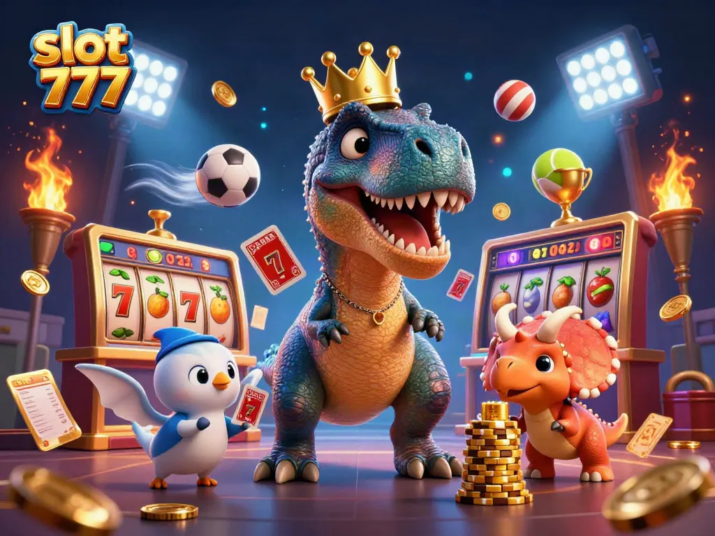 Permainan slot 777 menyajikan dinosaur bertema kasino yang menarik dan penuh warna.