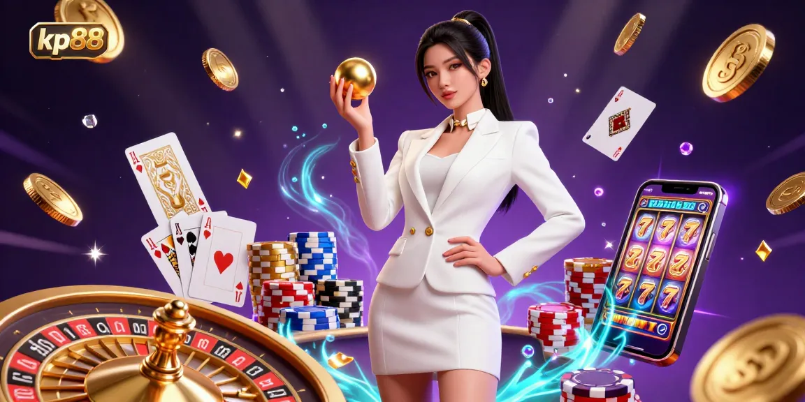 Experience the thrill of kp88 in this vibrant casino scene with spinning roulette, golden chips, and sparkling gems.
