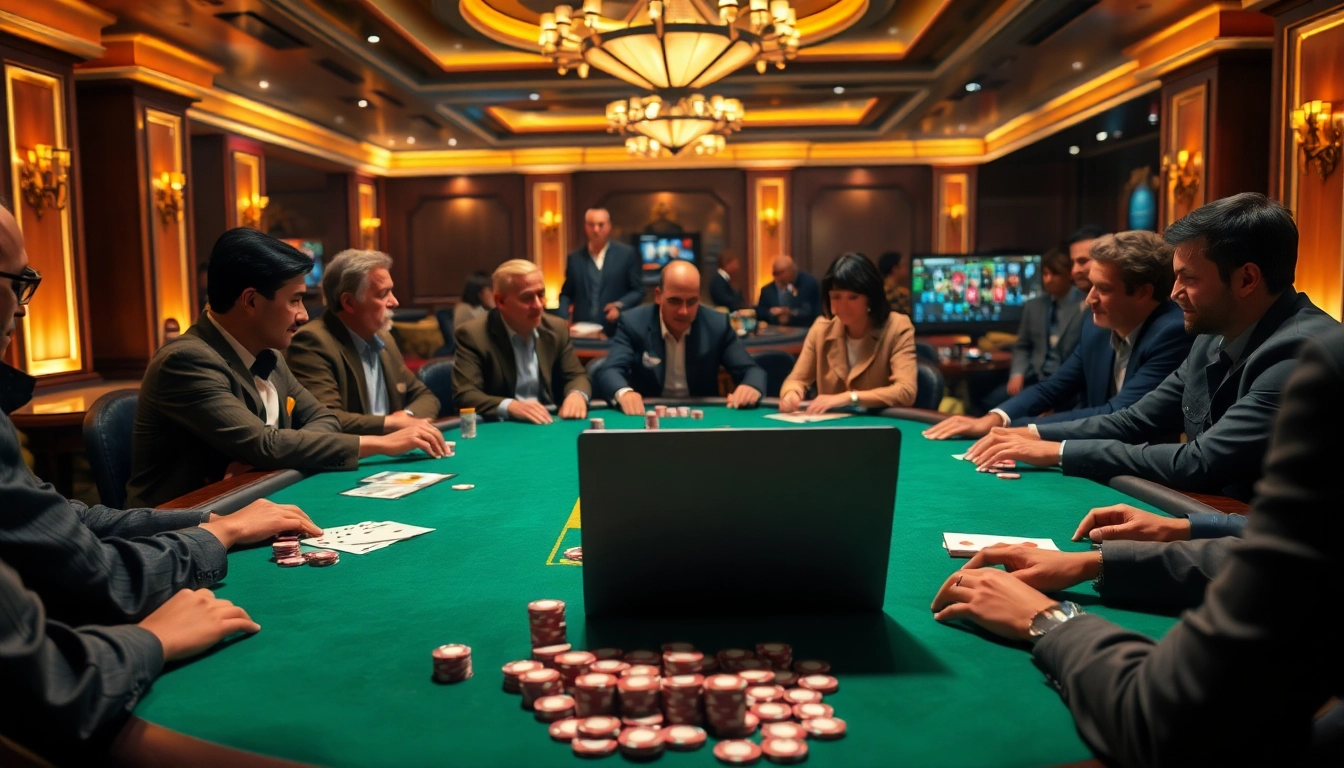 Experience the thrill of link poker in a luxurious casino setting with engaged players.