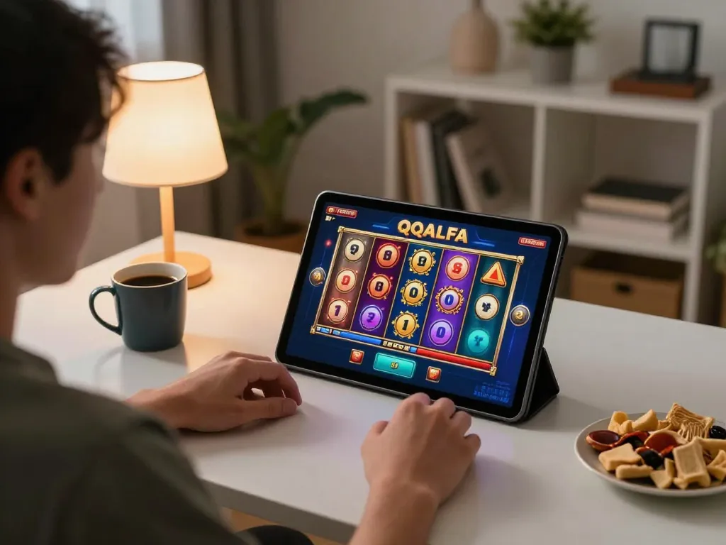 Engaging in QQALFA slot gameplay on a tablet in a cozy home setting, showcasing a vibrant gambling experience.