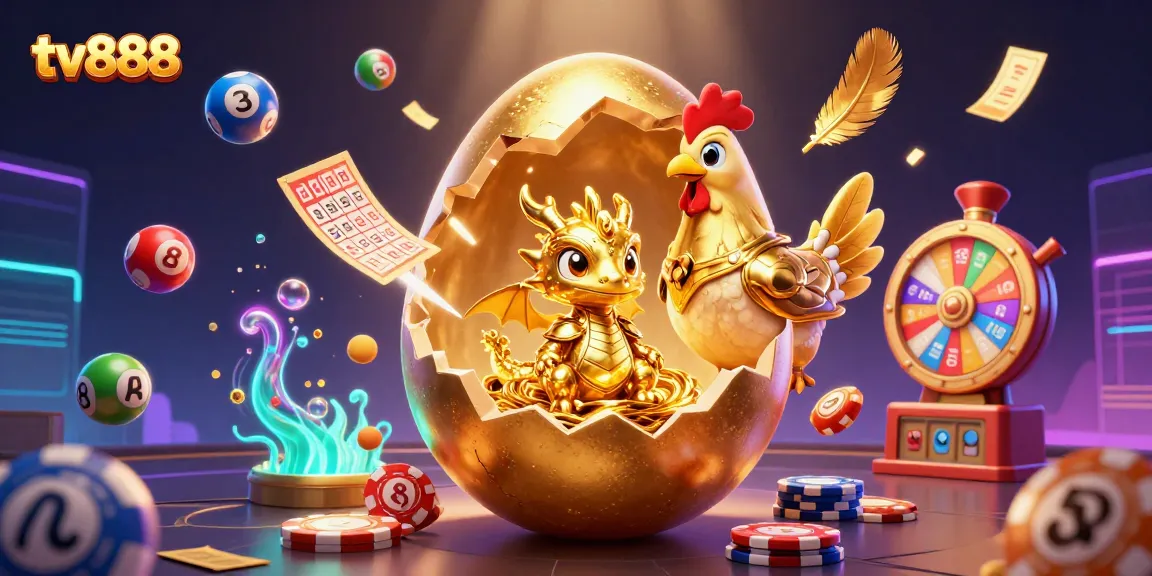 Experience gaming at tv888 with a vibrant scene showcasing a golden dragon, poker chips, and dynamic elements.
