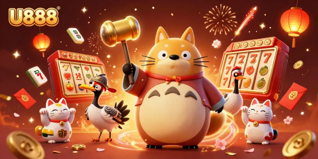 Join the excitement at U888 with cheerful characters and a vibrant casino atmosphere.