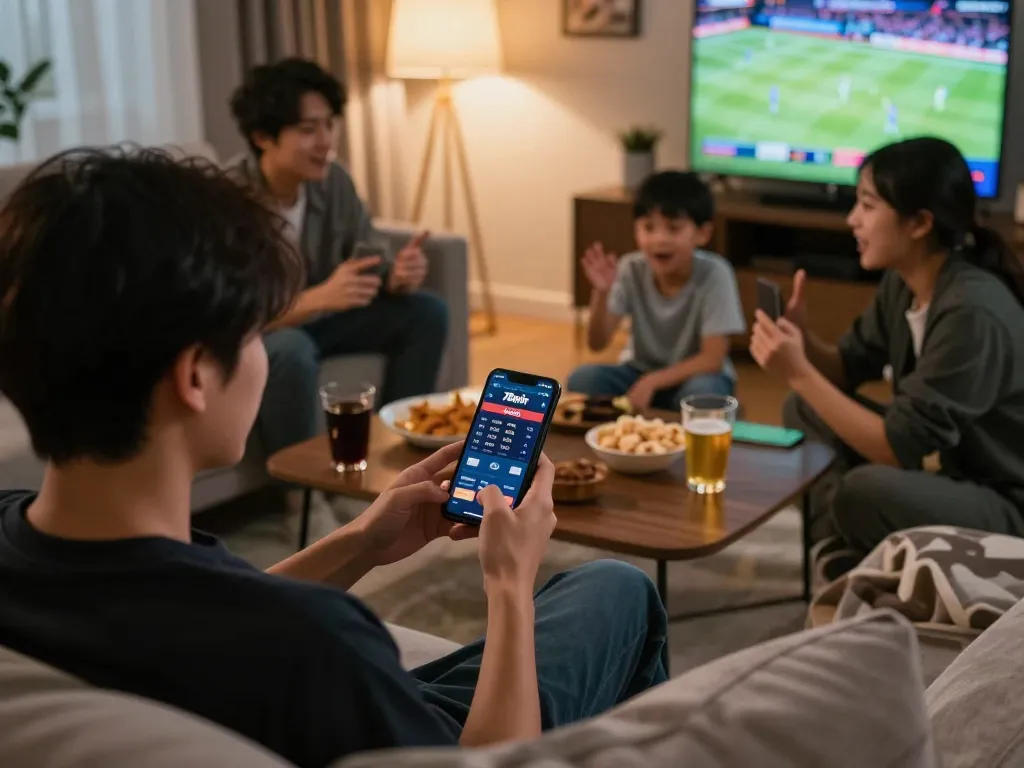 Engaging scene of a person using the 78win app for live sports betting, surrounded by family and snacks.
