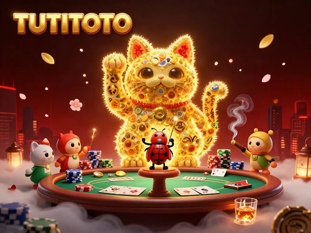 Experience the charm of TUTITOTO with an animated lucky cat and dazzling poker elements, inviting players to play.