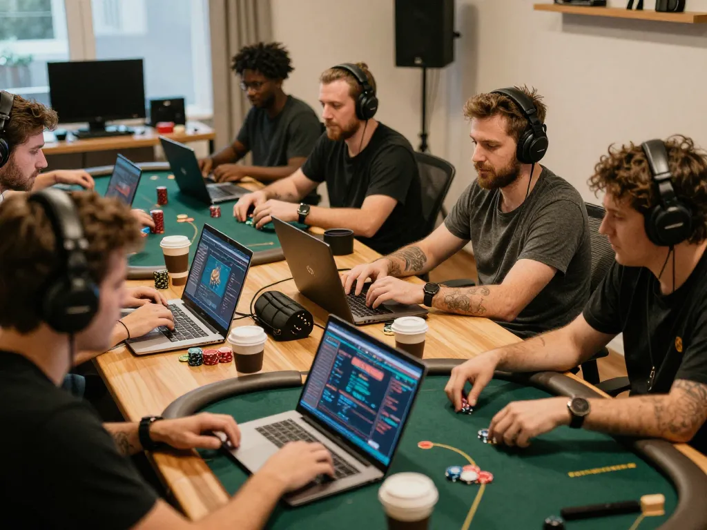 Nego77 online poker players engaged in competitive gameplay showcasing gaming setups and strategies