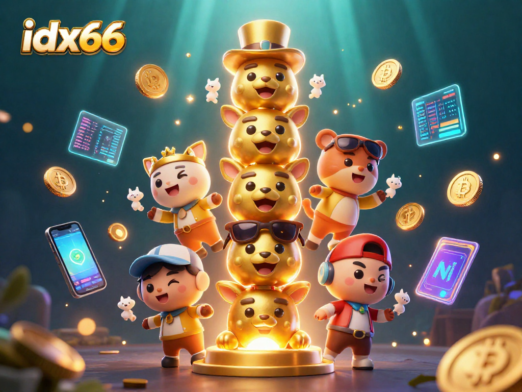 Permainan kasino yang menarik dari idx66 dengan totem emas dan koin kripto berkilau.