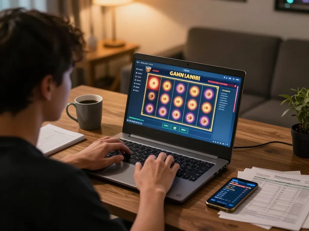 Engaging online gaming scene with a player focused on slot gacor, revealing spinning reels on a laptop screen.