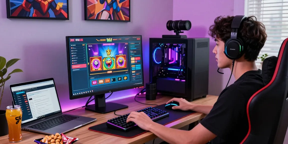 Online gaming enthusiast engaging with situs slot games at a vibrant home gaming setup.