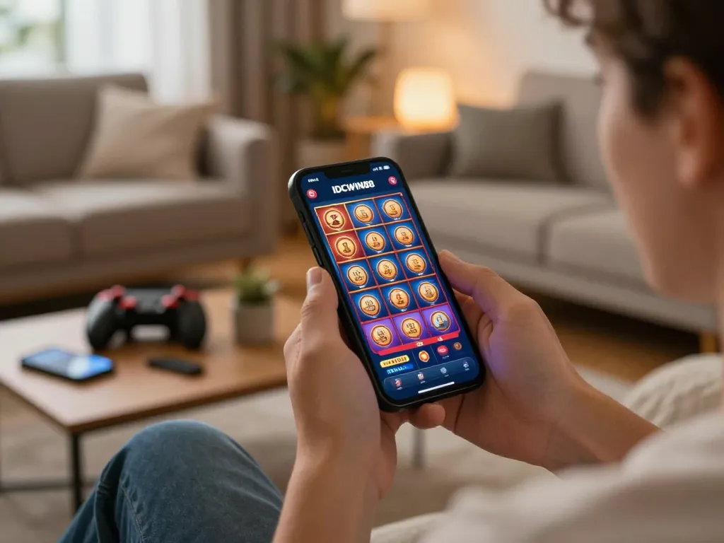 Engaging moment with a player enjoying the IDCWIN88 app on their smartphone, showcasing dynamic gameplay.