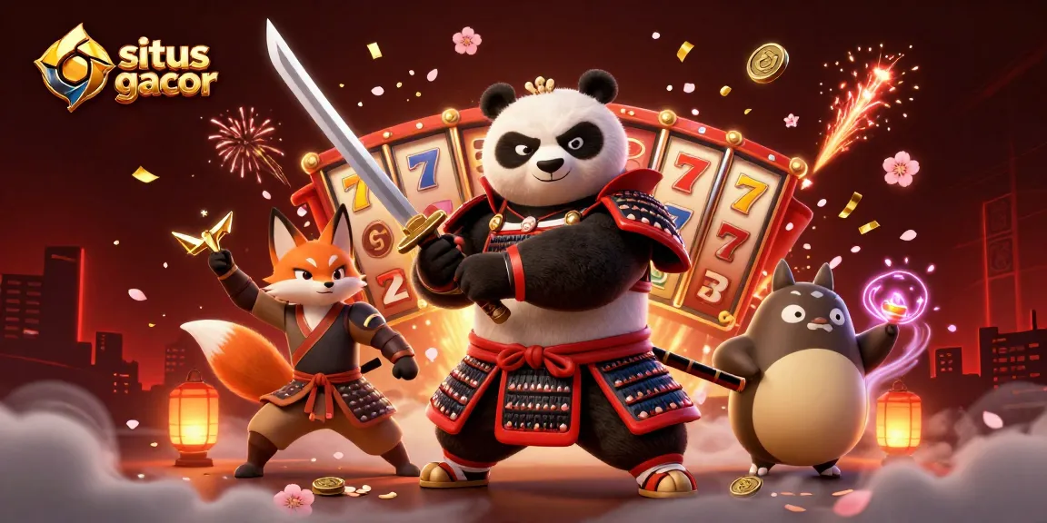 Situs slot gacor scene featuring samurai panda, ninja fox, and tanuki with casino elements.
