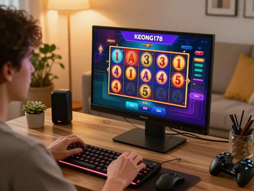 Player enjoying KEONG178 slot gaming on a tablet, colorful reels showcasing exciting gameplay.