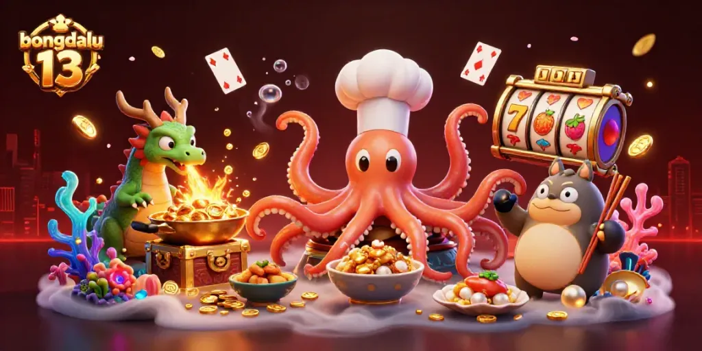 Bongdalu 13 showcases a vibrant 3D scene with an octopus chef preparing gourmet dishes amidst casino elements like slot reels and gold coins.