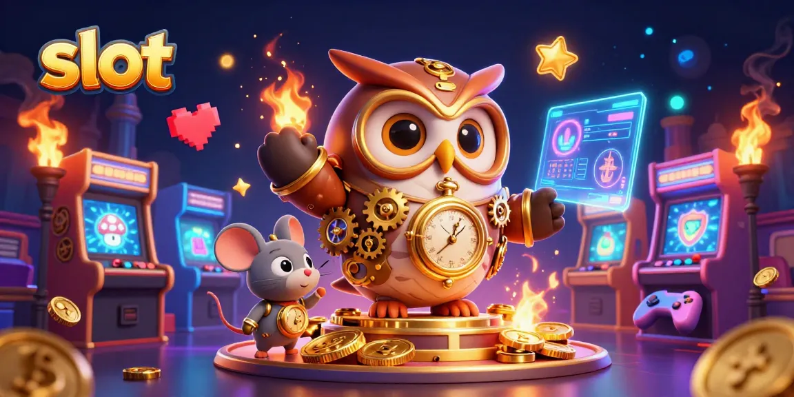 Spin vibrant slot machines with a charming 3D owl and mouse in a dynamic casino scene.