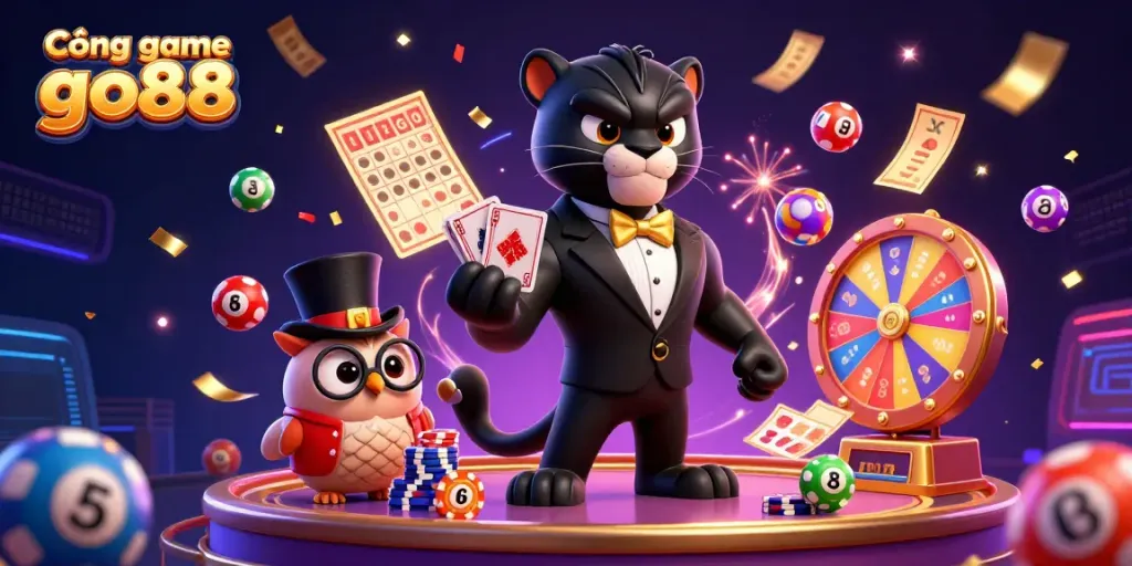 Engage in thrilling games at Cổng game go88 featuring a stylish panther dealer and colorful casino elements.