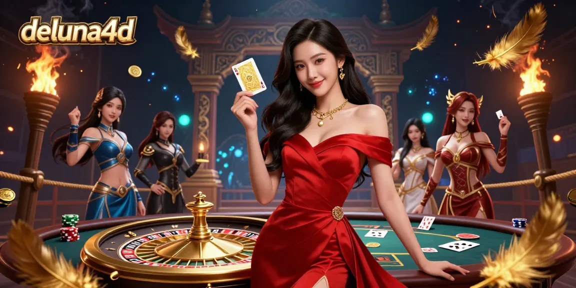 Engage with deluna4d gaming excitement featuring a beautiful Asian woman with a golden playing card, surrounded by glamorous casino elements.