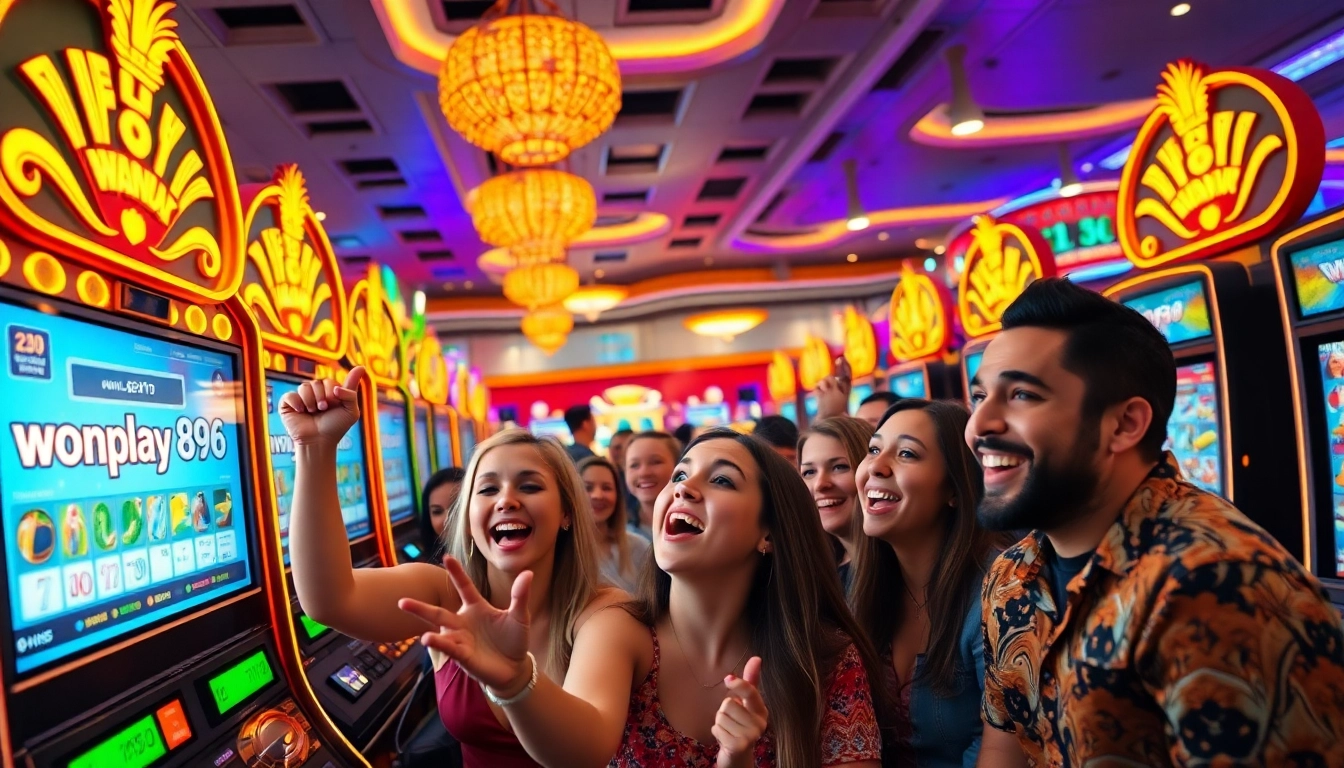 Exciting casino scene with diverse players celebrating jackpots, featuring wonplay896.