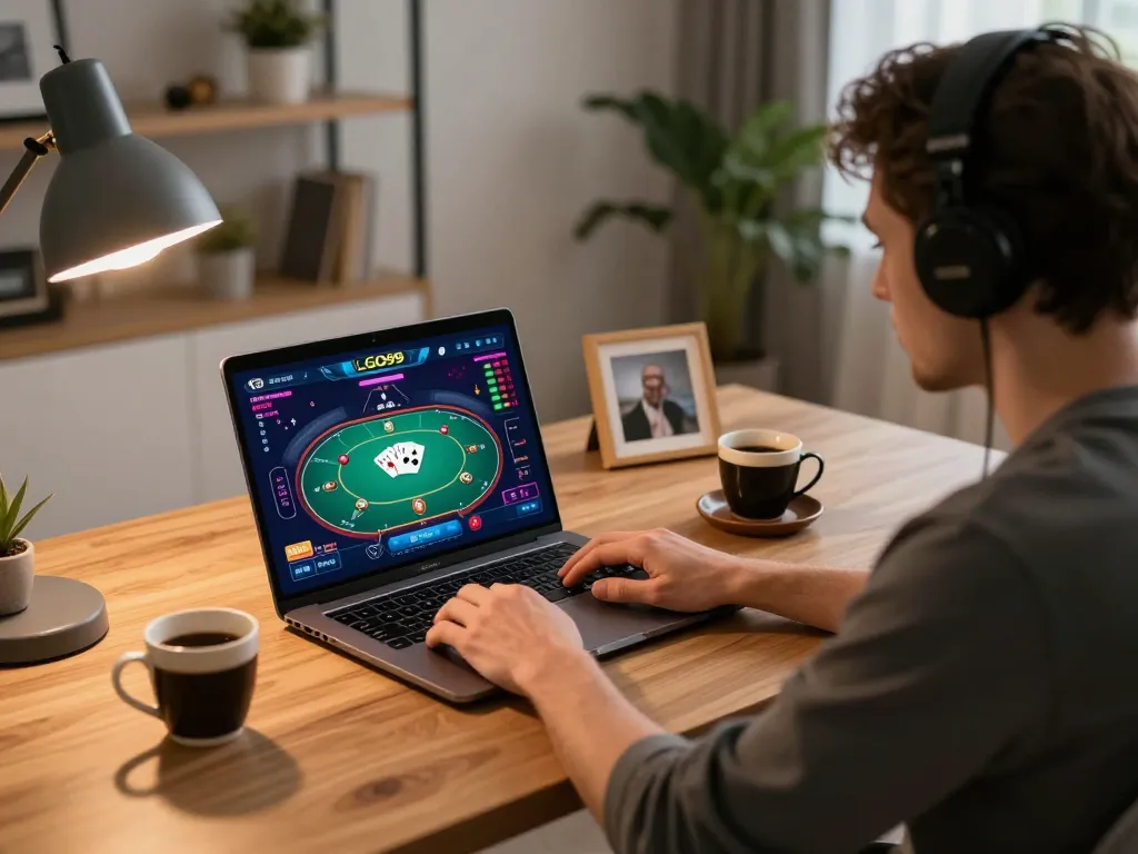 LGO99 online poker interface displayed on a laptop in a cozy home office for responsible gaming.