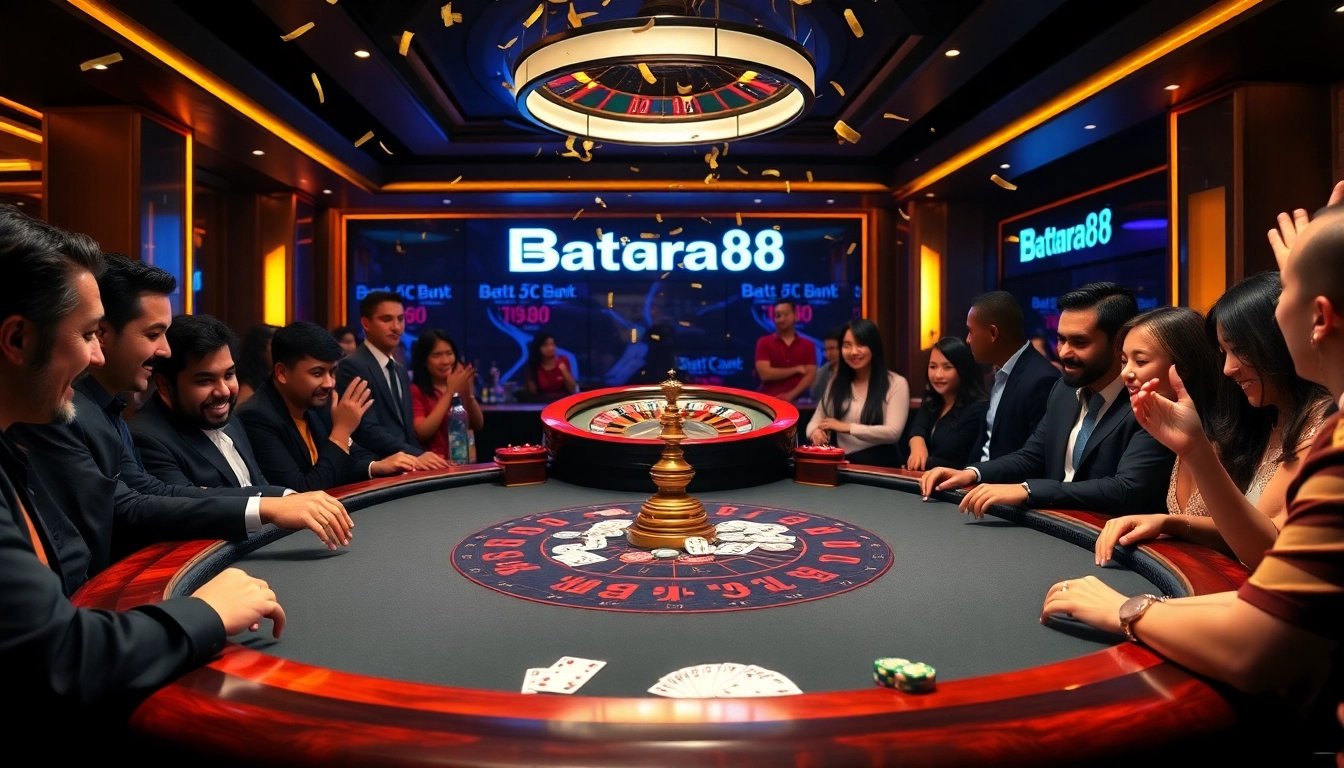 Batara88 players engaged in an exciting poker game at a luxurious casino table, showcasing vibrant chips and cards.