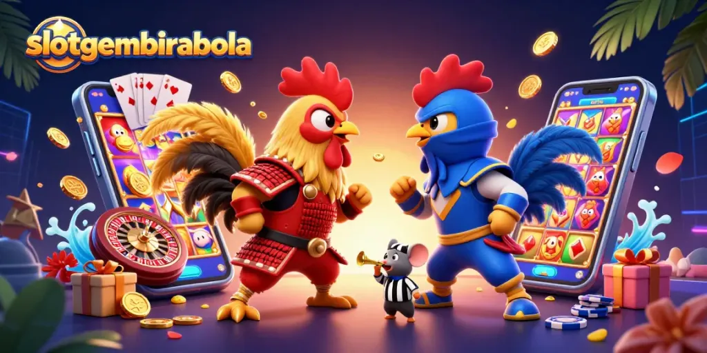 Engage with slotgembirabola's vibrant 3D illustration showcasing fierce rooster duel amidst animated casino elements.